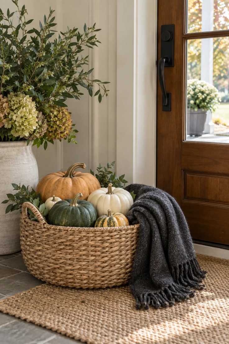Living room corner featuring a woven basket filled with assorted pumpkins of varying sizes.