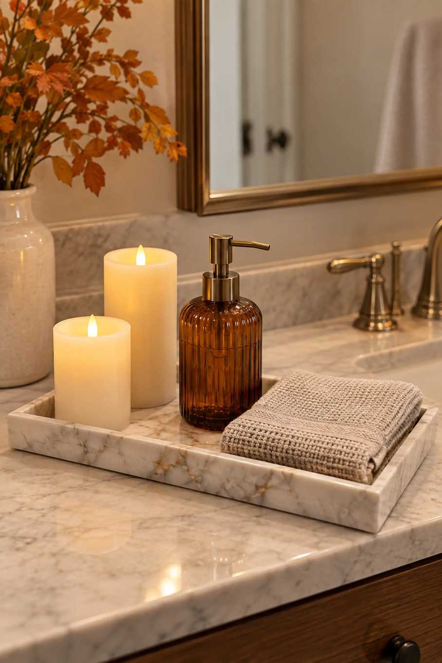 Bathroom vanity with a marble tray holding a cluster of soft pink and ivory candles, plus a small plant.