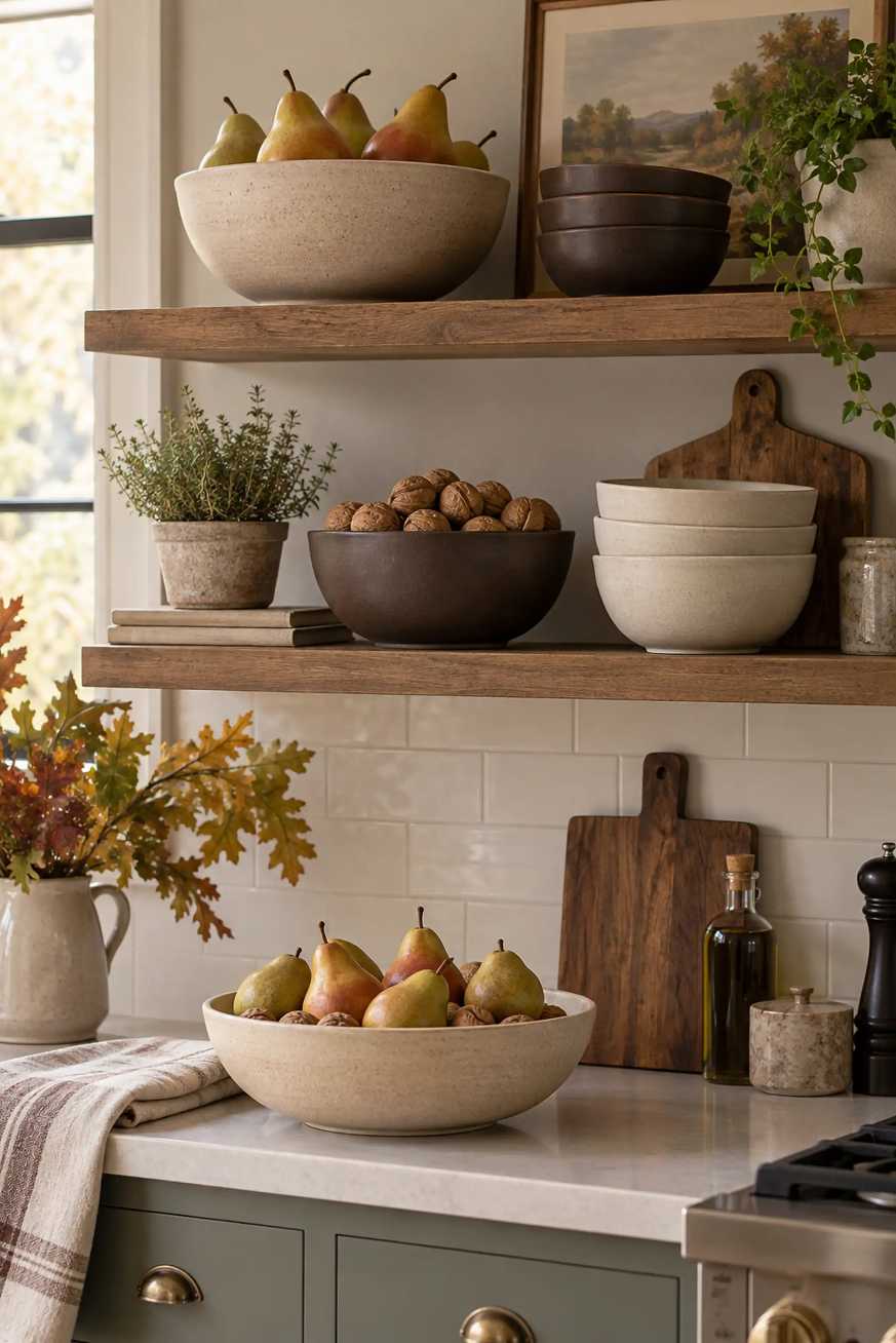 Dining table set with assorted stoneware bowls in rust, mustard, and deep teal, arranged as a centerpiece.
