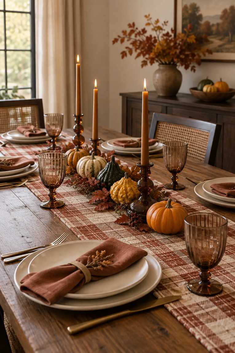 Dining table featuring a bold plaid runner, coordinating napkins, and a simple centerpiece of candles.