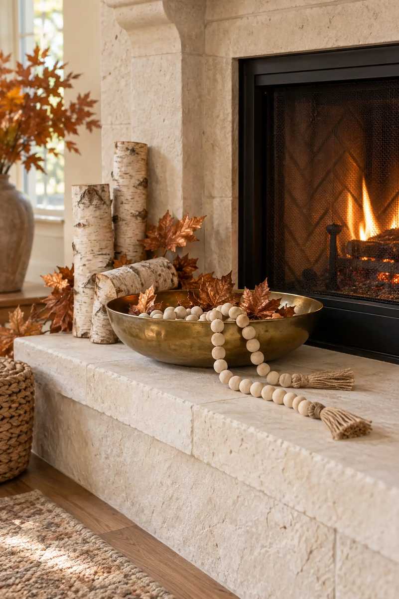 Shelf display of wooden beads intertwined with dried autumn foliage and small pumpkins.