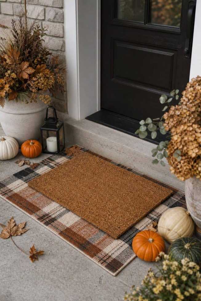 Two-layered doormat with woven jute base, printed Thanksgiving motif, natural fibers, front step view