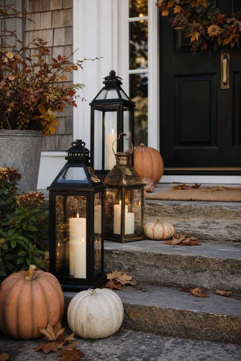 Group of outdoor candles on a stone ledge, glass holders, amber wax, soft twilight lighting