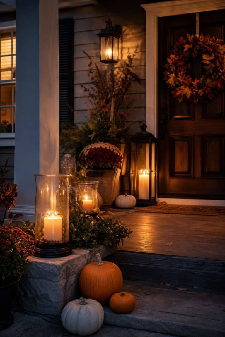 Balanced arrangement of pumpkins and gourds on a wide porch, mirrored placement, natural wood planks, daylight