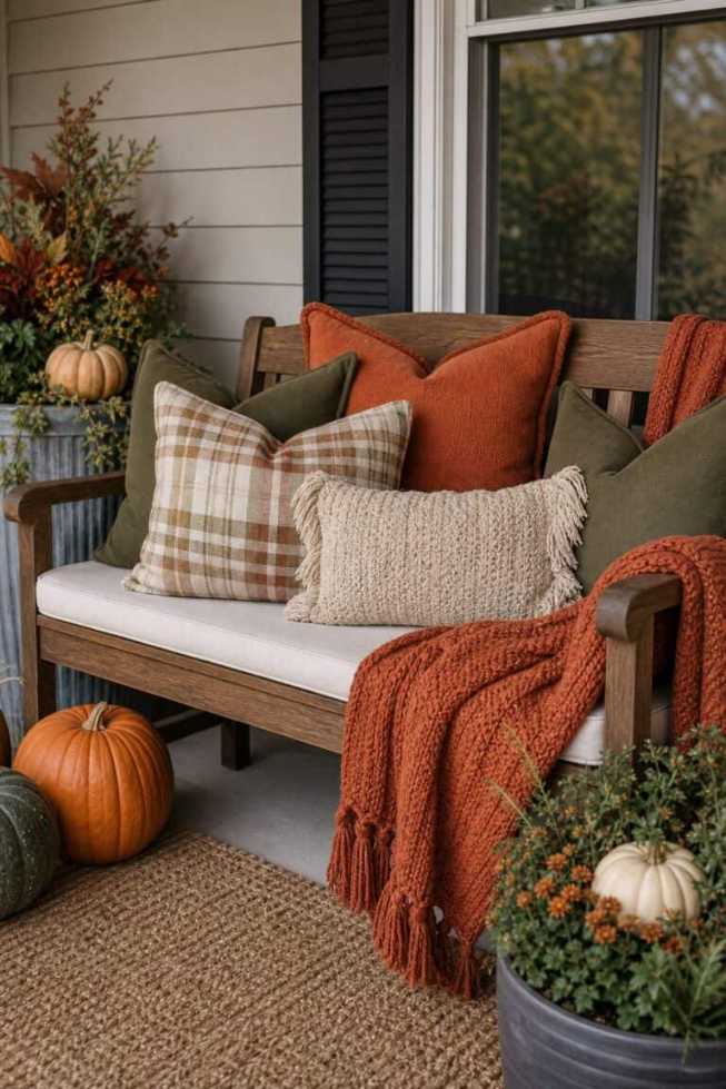 Tiered window boxes with foliage, small pumpkins, autumn flowers, earthy tones, daylight