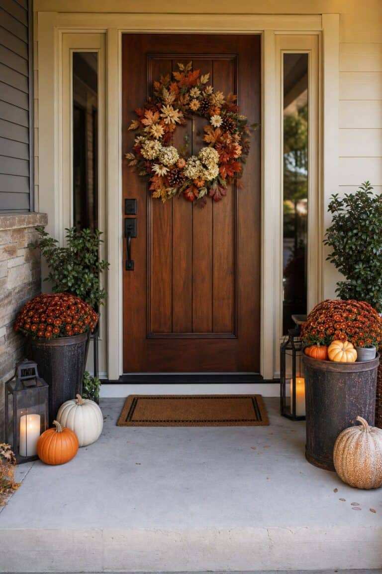 Rustic galvanized metal buckets filled with pinecones, acorns, small pumpkins, natural textures, daylight