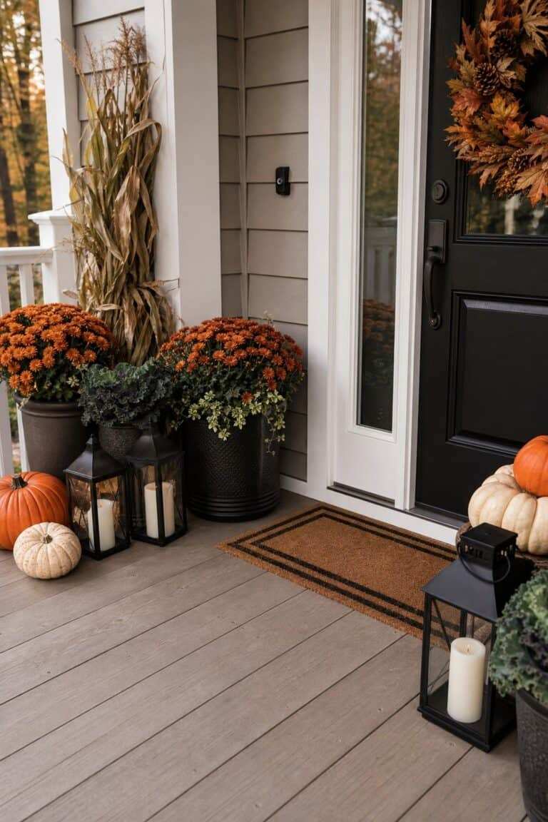Bold chrysanthemums in large pots, porch railing, earthy tones, natural light, seasonal anchor