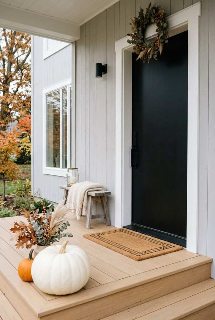 Small porch corner with stacked pumpkins, mini lanterns, woven rug, intimate lighting, dusk setting