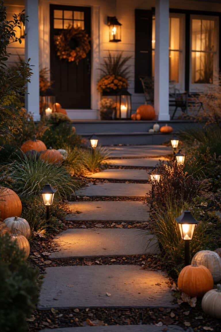 Mini pumpkin cluster on a narrow bench, linen runner, tealight candles, natural daylight, subtle décor