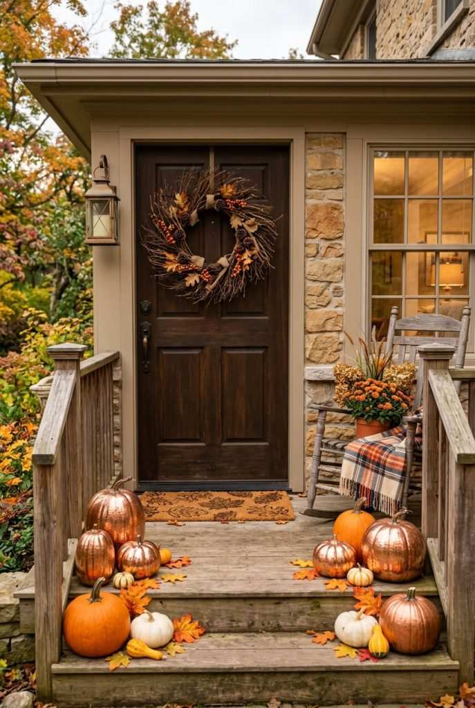 Narrow wall shelf with stacked leaves, tiny pumpkins, candle, soft ambient lighting, morning light