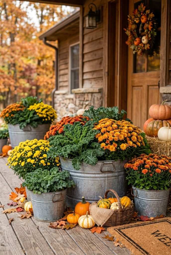 Summer wreath replaced with autumnal wreath of foliage, berries, pumpkins, front door, warm lighting