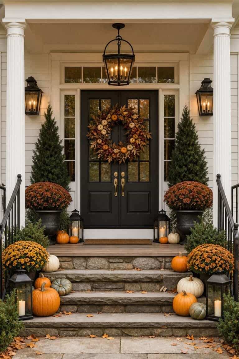 Two identical lanterns with pumpkin tops, placed symmetrically on porch steps, warm glow, balanced design