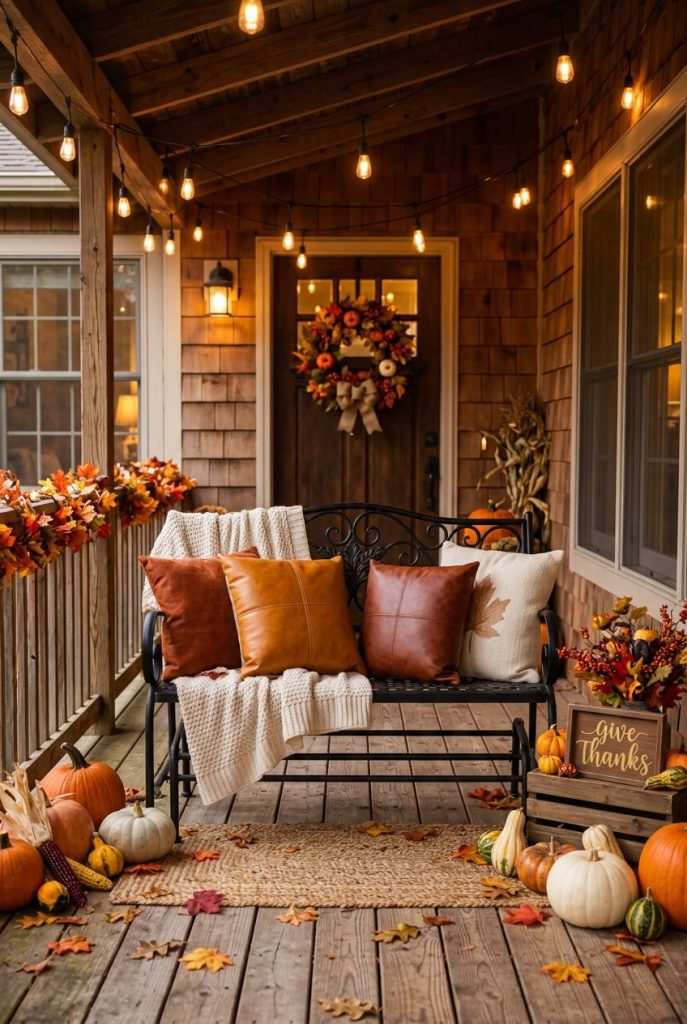 Copper lanterns with cinnamon sticks, soft amber light, porch railing, aromatic ambiance, evening setting