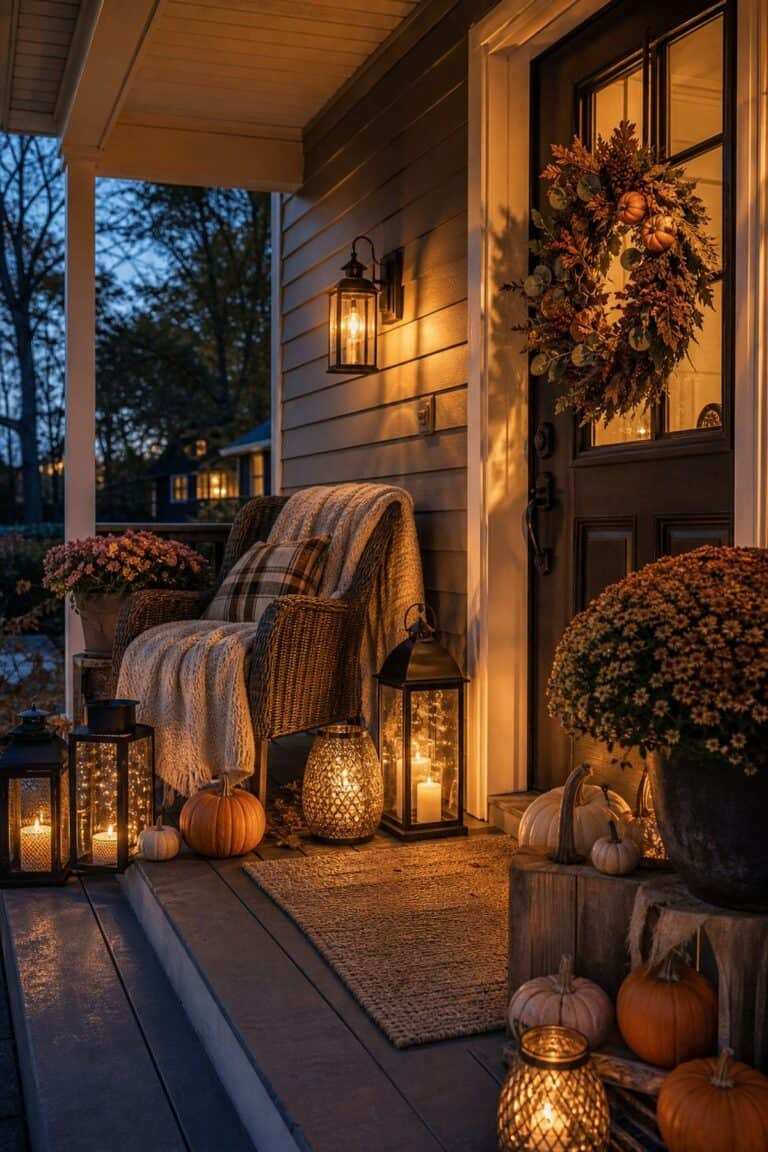 Warm white string lights draped over porch ceiling, gentle illumination, festive atmosphere, nighttime glow