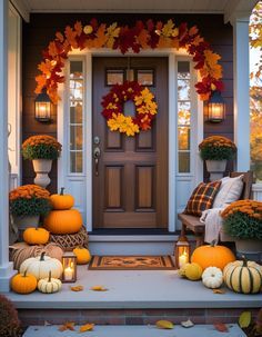 Cluster of copper lanterns on wooden steps, candlelight, autumn foliage, evening ambience