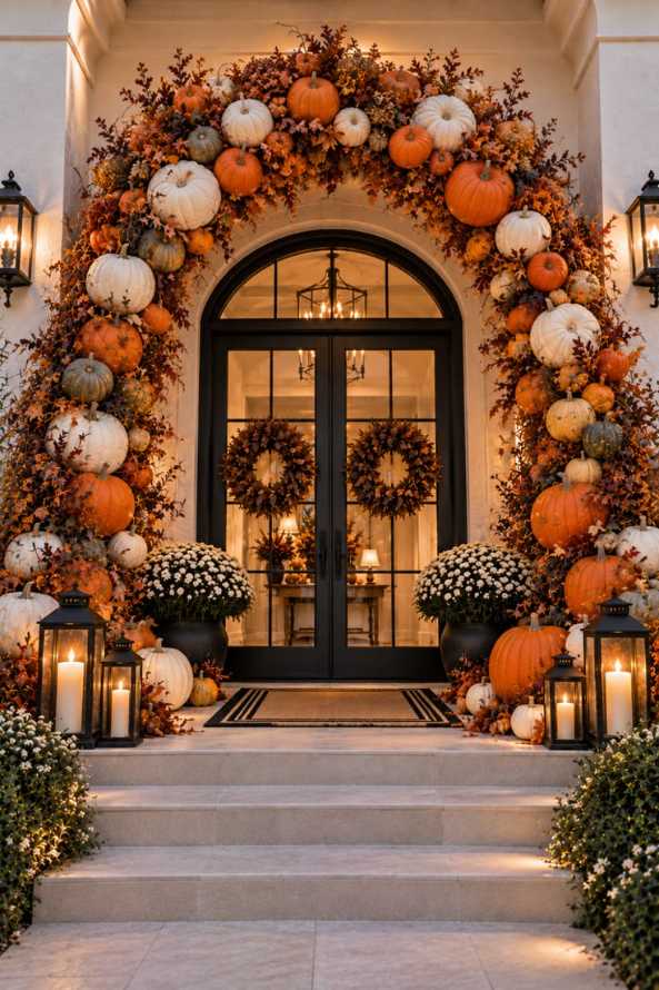 Clear acrylic door swing with embedded dried flowers, subtle lighting, modern porch design