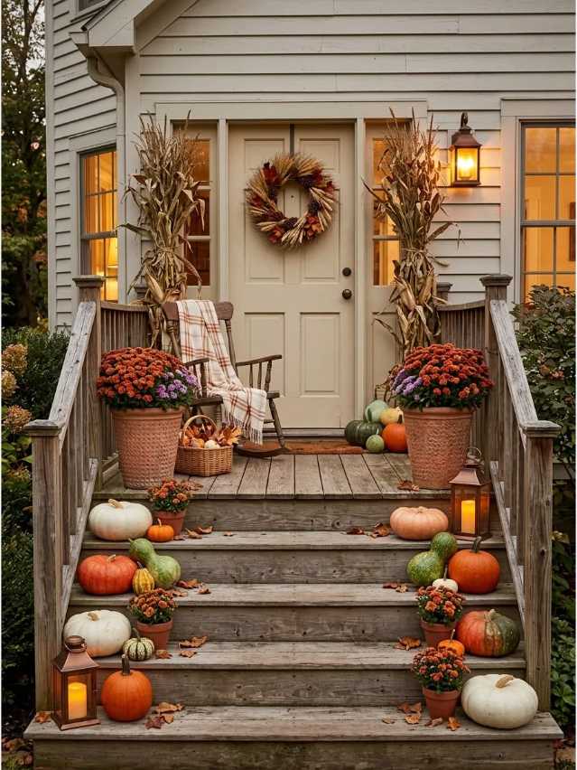 Empty wooden crate on porch floor, layered blankets, pumpkins, airy arrangement, natural light