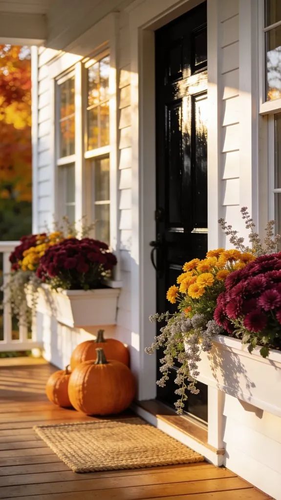 Rich burgundy cushions, mossy green foliage, dark wood porch rail, ambient lighting, cozy vibe