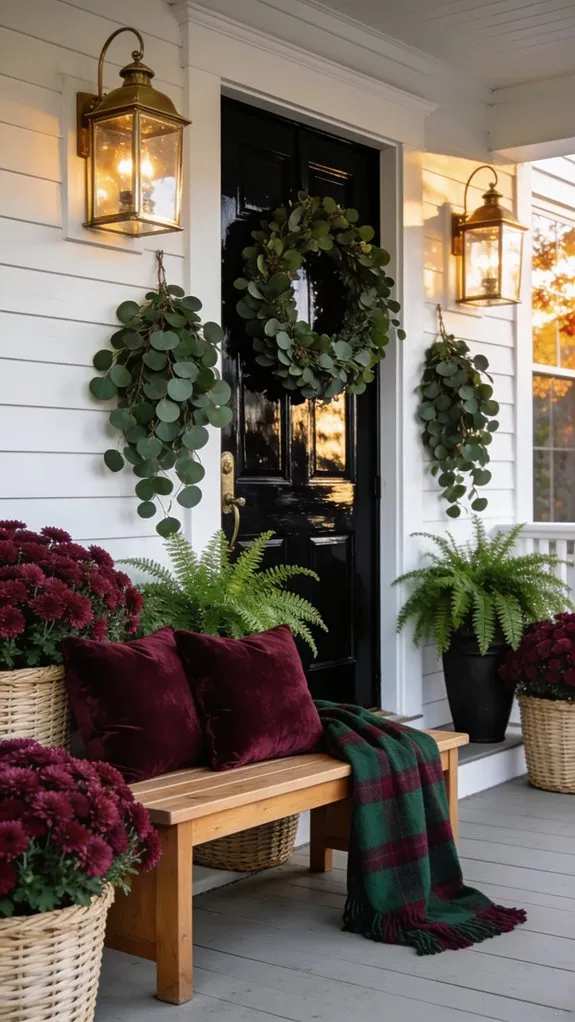 Rustic galvanized metal buckets filled with pinecones, acorns, small pumpkins, natural textures, daylight
