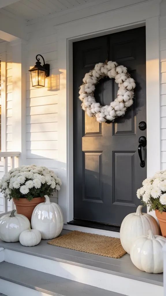 Bold chrysanthemums in large pots, porch railing, earthy tones, natural light, seasonal anchor