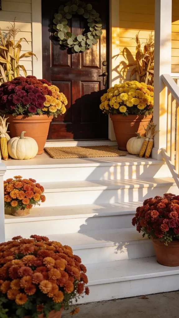 Small porch corner with stacked pumpkins, mini lanterns, woven rug, intimate lighting, dusk setting