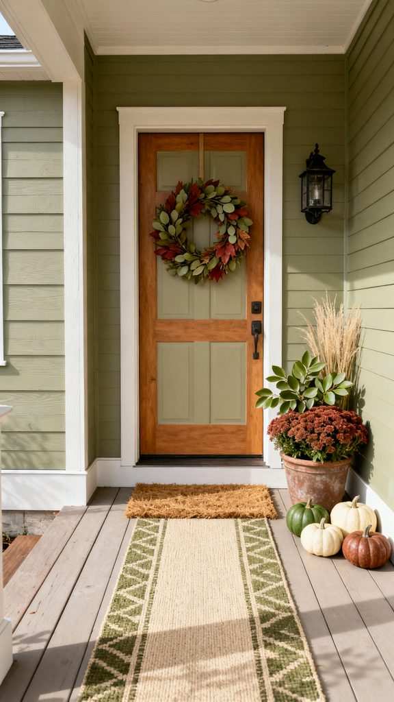 Summer wreath replaced with autumnal wreath of foliage, berries, pumpkins, front door, warm lighting