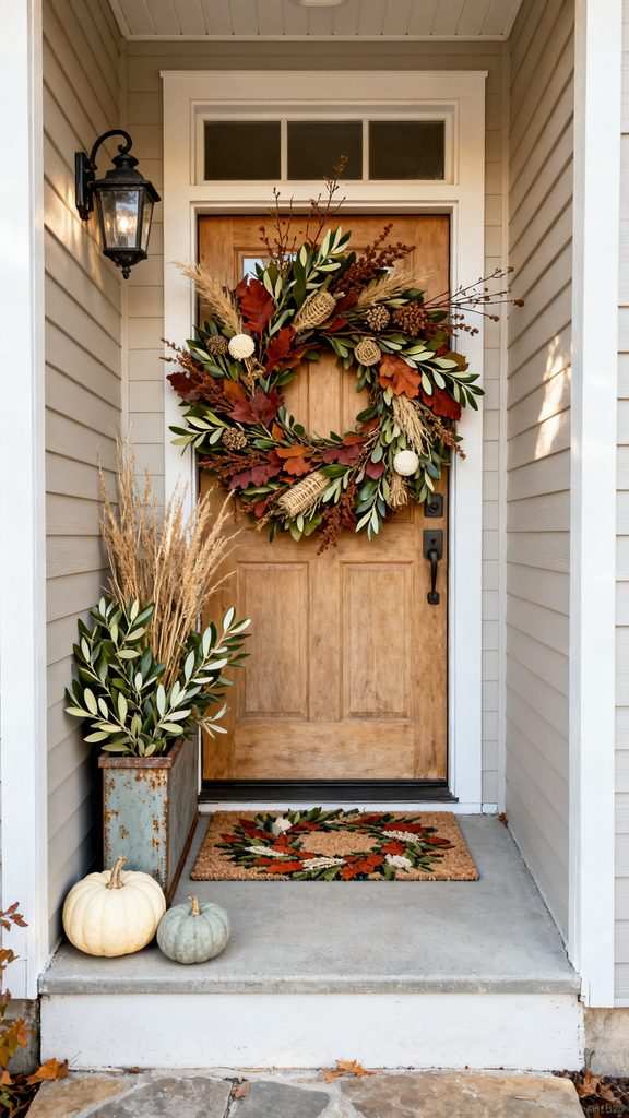 Narrow wall shelf with stacked leaves, tiny pumpkins, candle, soft ambient lighting, morning light