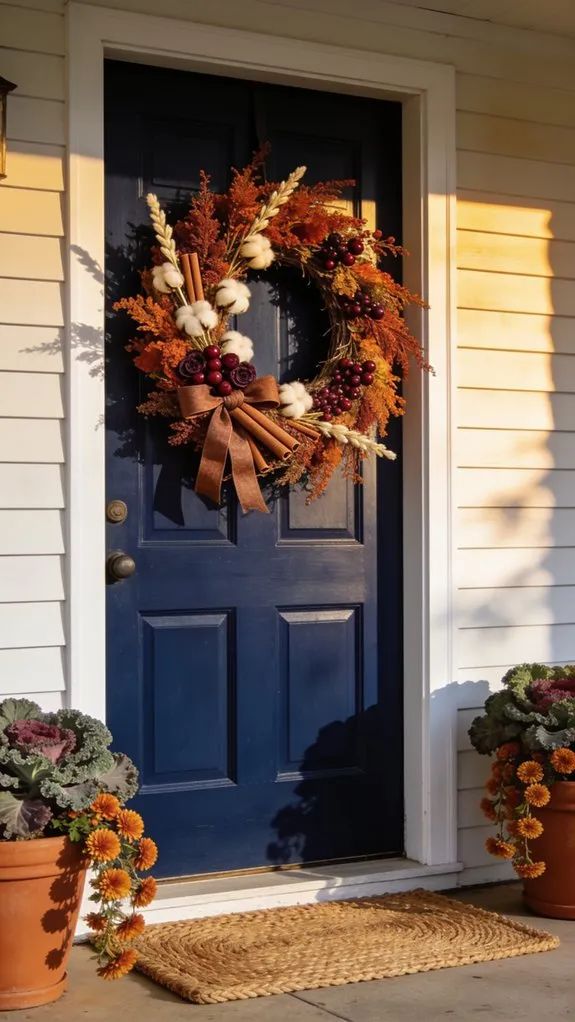 Two identical lanterns with pumpkin tops, placed symmetrically on porch steps, warm glow, balanced design