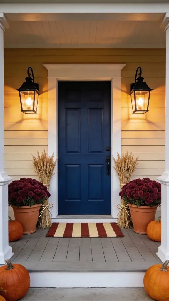 Copper lanterns with cinnamon sticks, soft amber light, porch railing, aromatic ambiance, evening setting