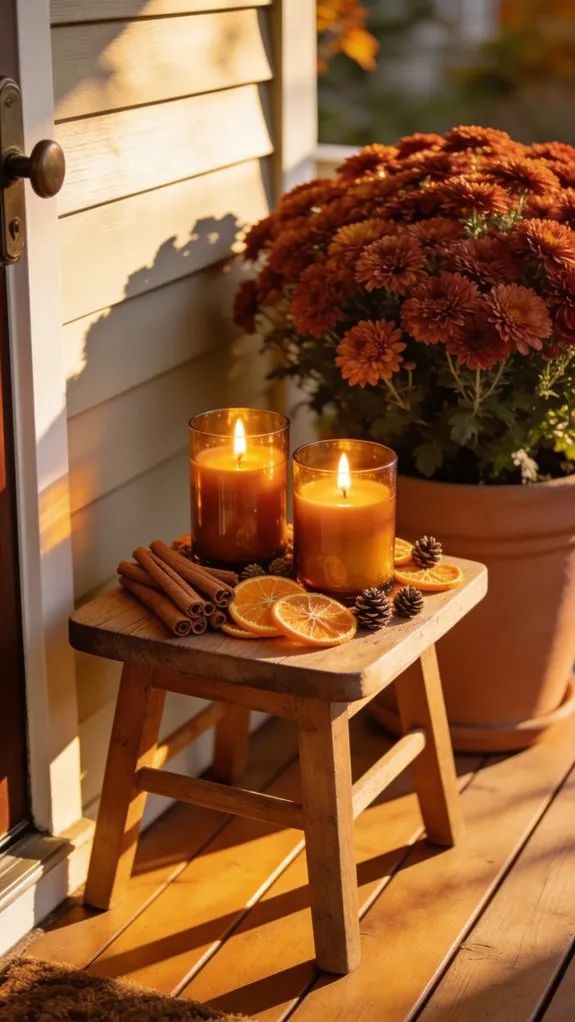 Warm white string lights draped over porch ceiling, gentle illumination, festive atmosphere, night-time glow