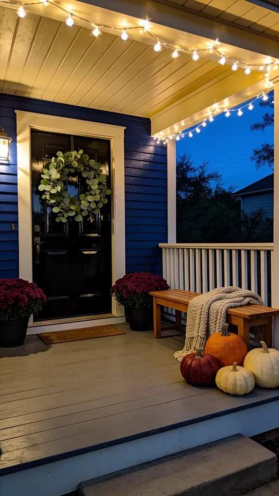 Warm white string lights twinkling over porch railing, ambient illumination, cozy evening setting, subtle sparkle