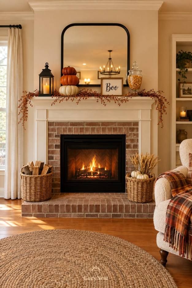 Brick fireplace mantle, playful “Boo” wooden sign, stacked orange pumpkins, cozy lighting