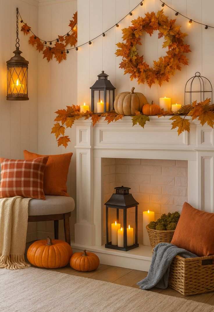 White painted mantle, three tall ivory candles, oversized orange pumpkins, bright daylight
