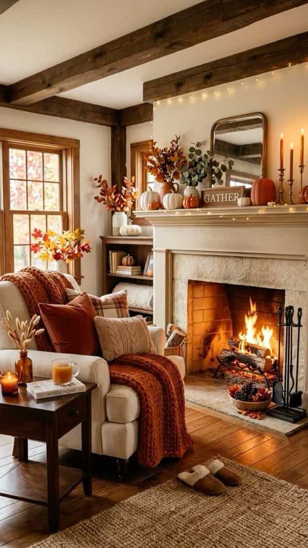 Living room fireplace, wooden “Gather” sign, amber glass vase, soft plush rug, warm lighting