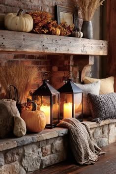 Comfortable living room, mantle draped with fall garland, soft throw blankets, warm floor lamp