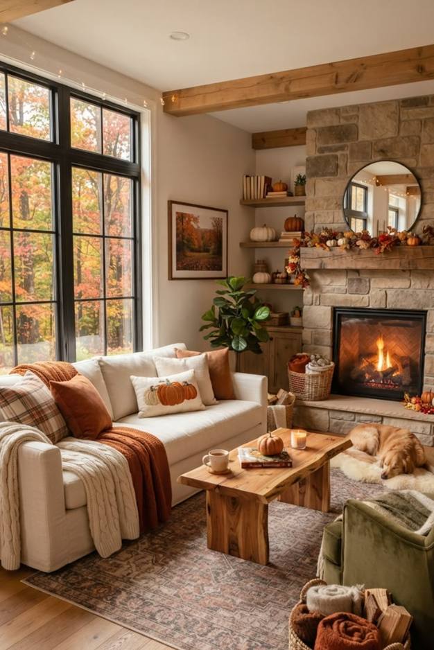 Stone fireplace mantle, golden retriever dog sleeping, rustic wooden mantel, soft ambient lighting