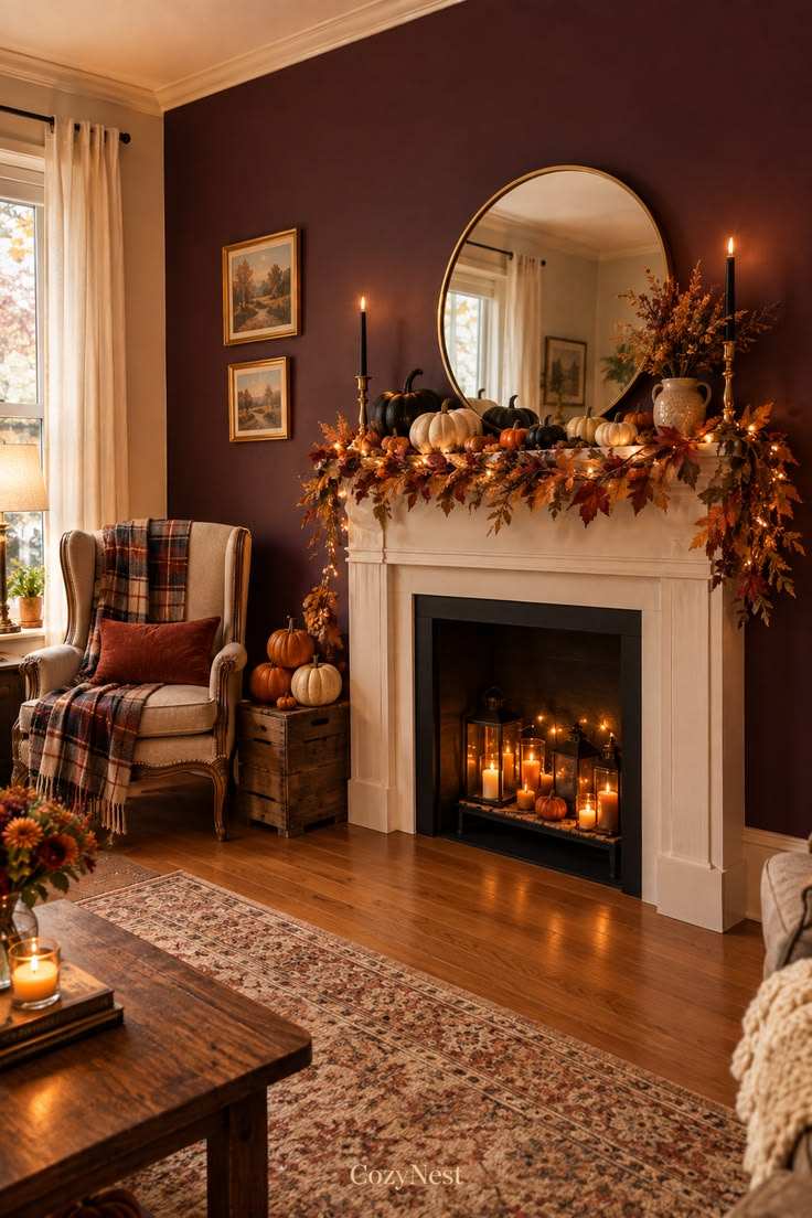Dark living room fireplace, monochrome pumpkins, black metal mantle, low‑contrast lighting