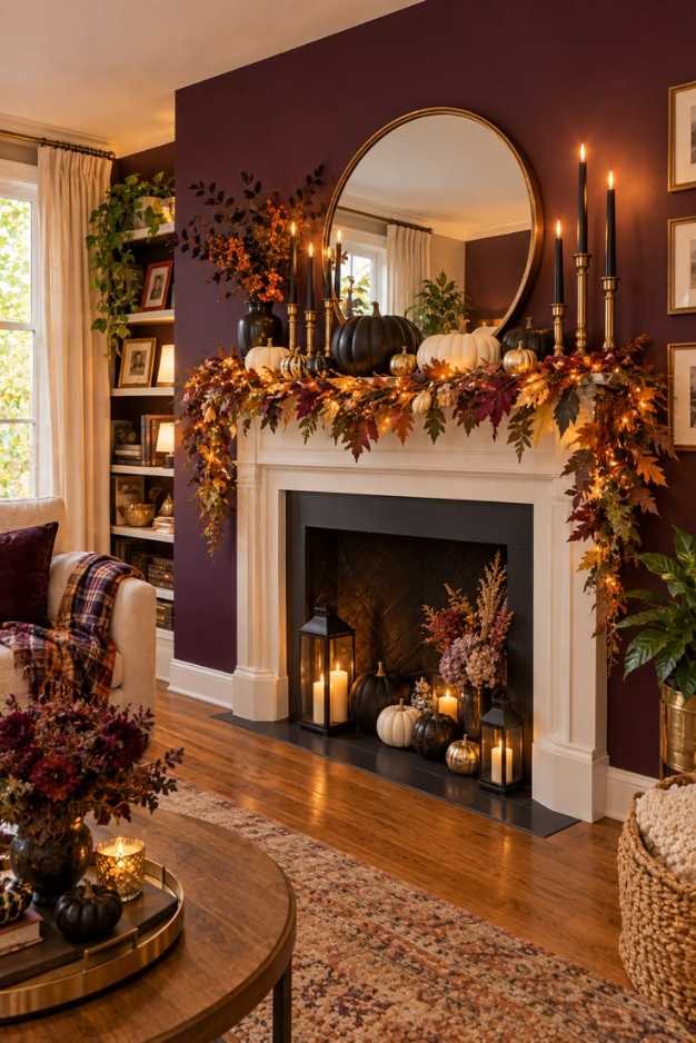 Living room with dark purple accent wall, gold-framed mirror above mantle, fall garland, soft lighting