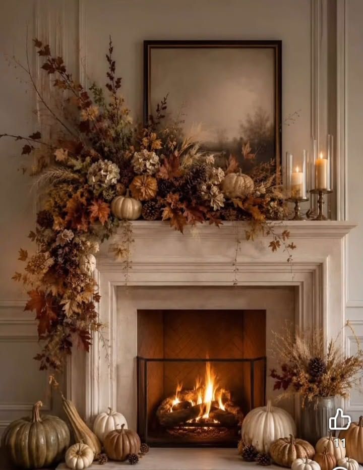 Modern living room mantle, asymmetrical floral arrangement, orange dahlias, muted green foliage, soft ambient light