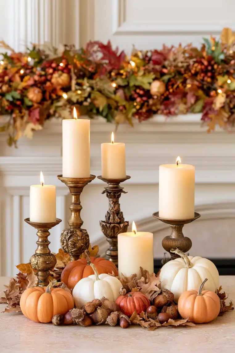 Classic mantel, cluster of silver candles, miniature pumpkins, leaf garland, warm candlelight