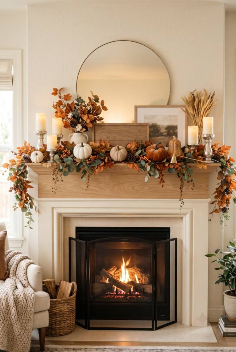 Minimalist mantle, white-painted pumpkins, fresh green leaf garland, tall ivory candles, soft daylight