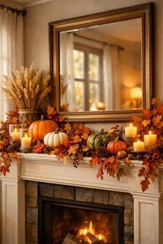 Elegant gold‑framed mirror above mantle, wheat stalks, tall white candles, warm glow
