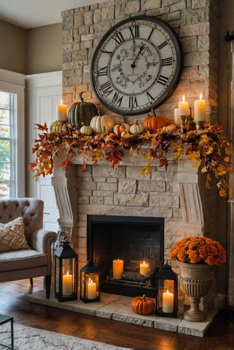 Stone fireplace, oversized vintage wall clock, lush fall garland, amber lighting