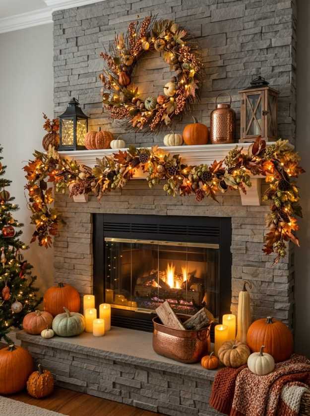 Living room fireplace, warm string lights, autumn garland, bronze lantern, cozy ambiance