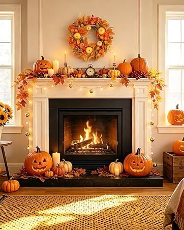 White mantle, illuminated jack‑o‑lanterns, autumn leaf garland, soft candlelight, neutral backdrop