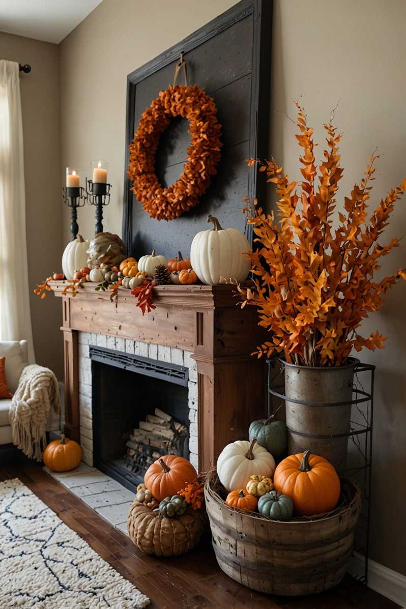 Contemporary living room, sleek fireplace with built‑in TV, minimal fall accents, cool lighting