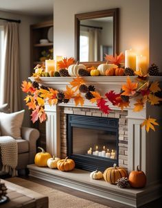 Modern open‑plan living area, fireplace mantle, illuminated autumn leaf garland, neutral sofa, soft lighting