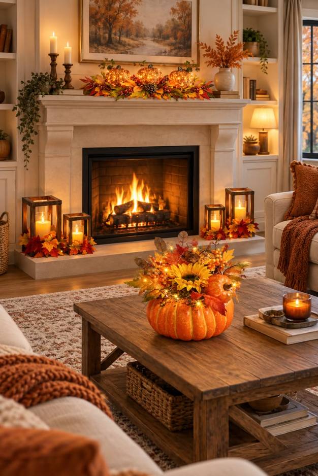 White minimalist mantle, round mirror, eucalyptus garland, orange pumpkins, bright natural light