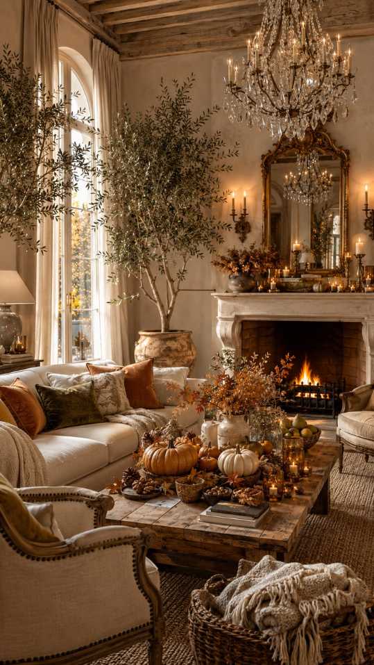 Grand living room, crystal chandelier, towering olive tree, ornate mantle with fall décor, warm lighting