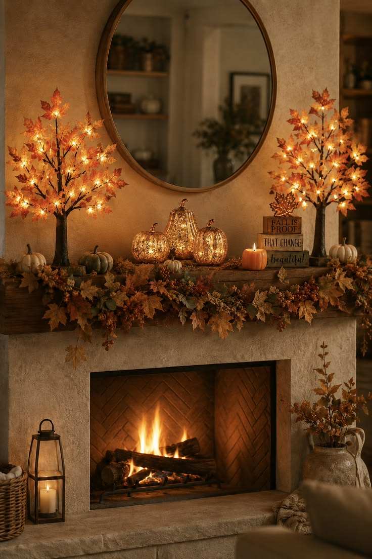 Fireplace mantle, round decorative mirror, glass pumpkins with internal lights, miniature lit maple trees, soft glow